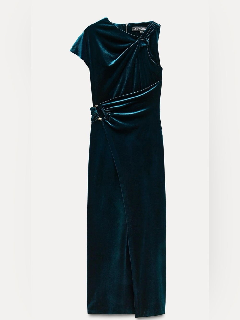 Zara Dark Teal Velvet One-Shoulder Gown with Ring Detail